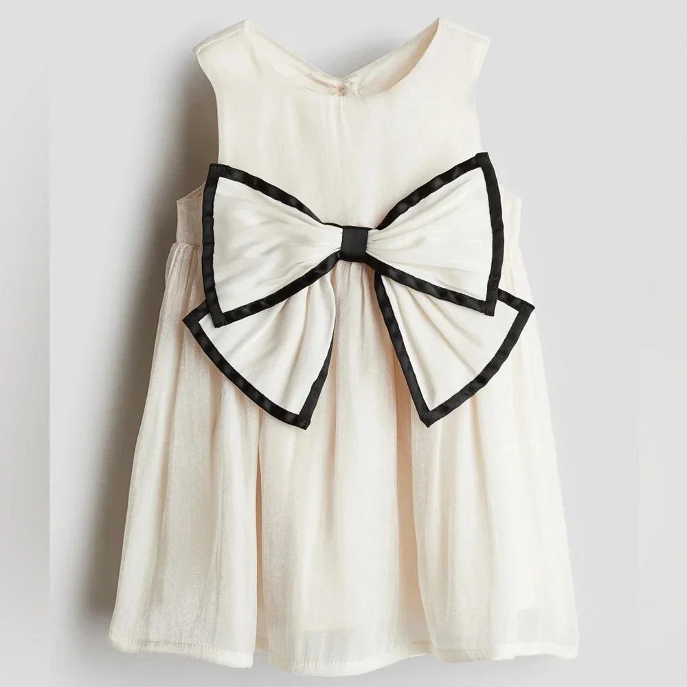 H&M toddler bow organza dress girl satin sleeveless knee length formal champagne